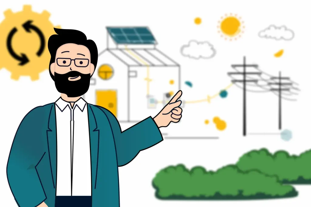 Prosument wskazuje palcem na sieć energetyczną podłączoną do domu.