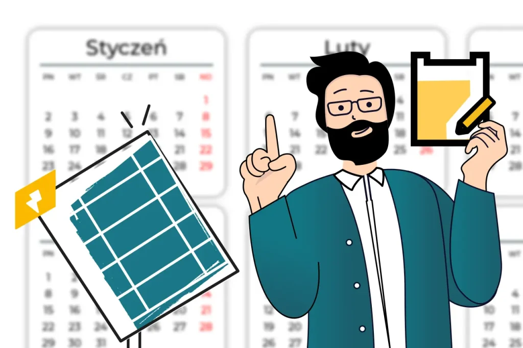 Obrazek pokazujący wydajność fotowoltaiki w ciągu roku z panelami słonecznymi w tle.